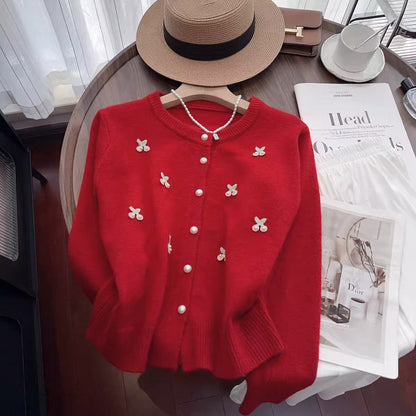 Women's cardigan with floral embroidery and pearl buttons NOVAE