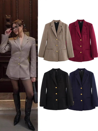 Women's checked blazer with gold buttons and practical pockets NOVAE