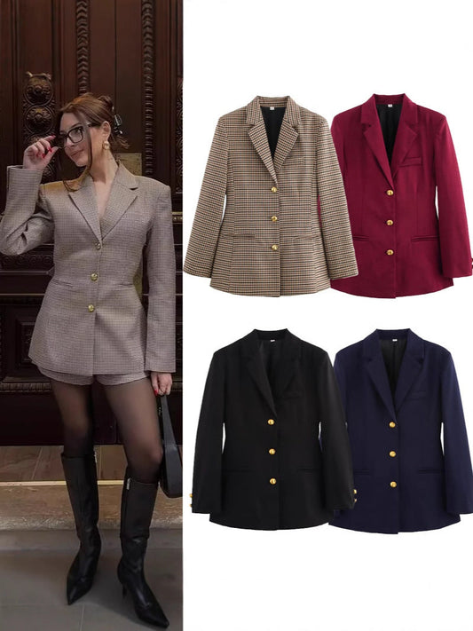 Women's checked blazer with gold buttons and practical pockets NOVAE