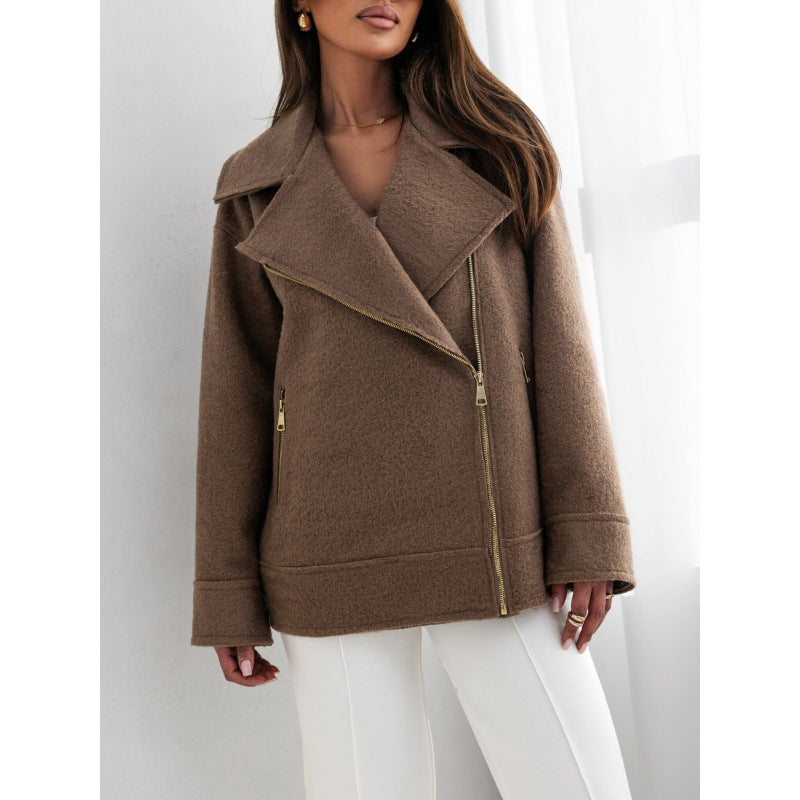 Women's elegant fluffy biker jacket with gold zipper details NOVAE