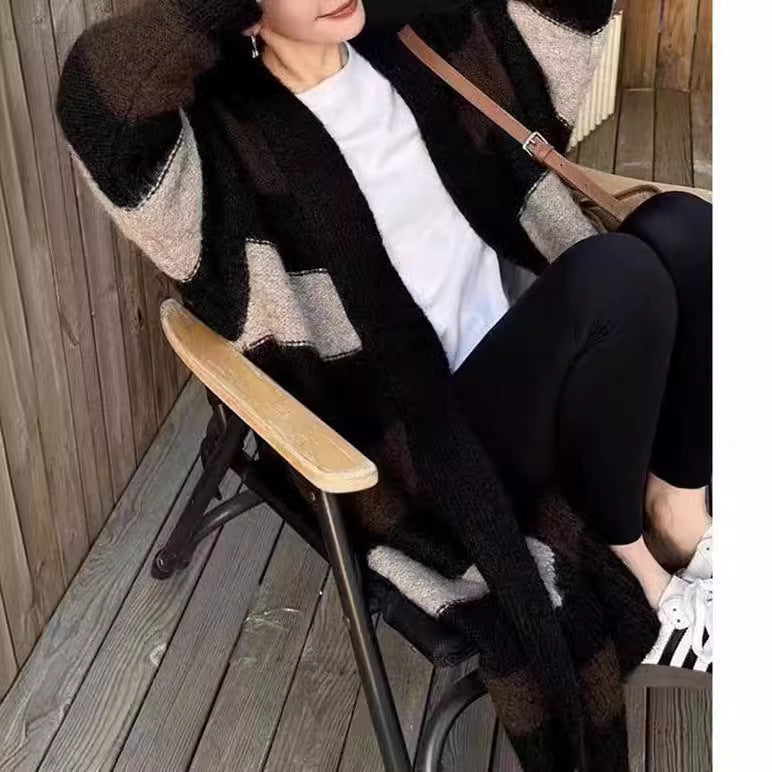 Women's long knit cardigan with geometric pattern NOVAE