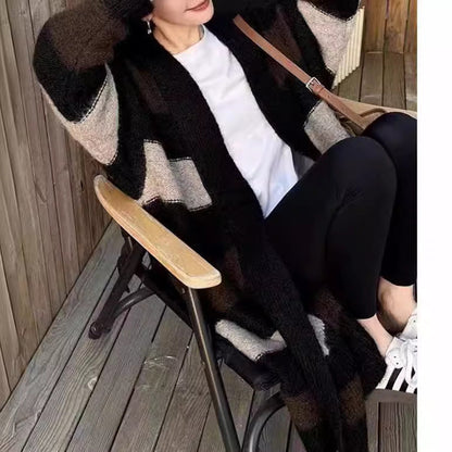 Women's long knit cardigan with geometric pattern NOVAE