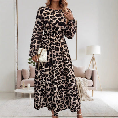 Women's Elegant Long-Sleeve Maxi Dress with Modern Animal Print and Asymmetrical Hem NOVAE