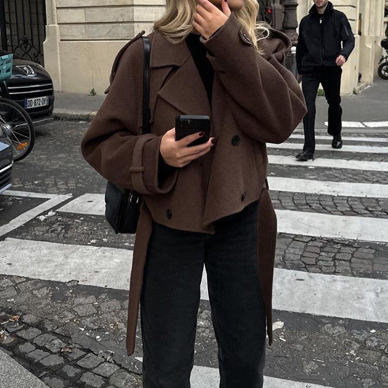 Women's fashionable cropped coat with wide lapels and oversized cut NOVAE