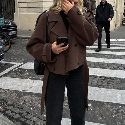 Women's fashionable cropped coat with wide lapels and oversized cut NOVAE