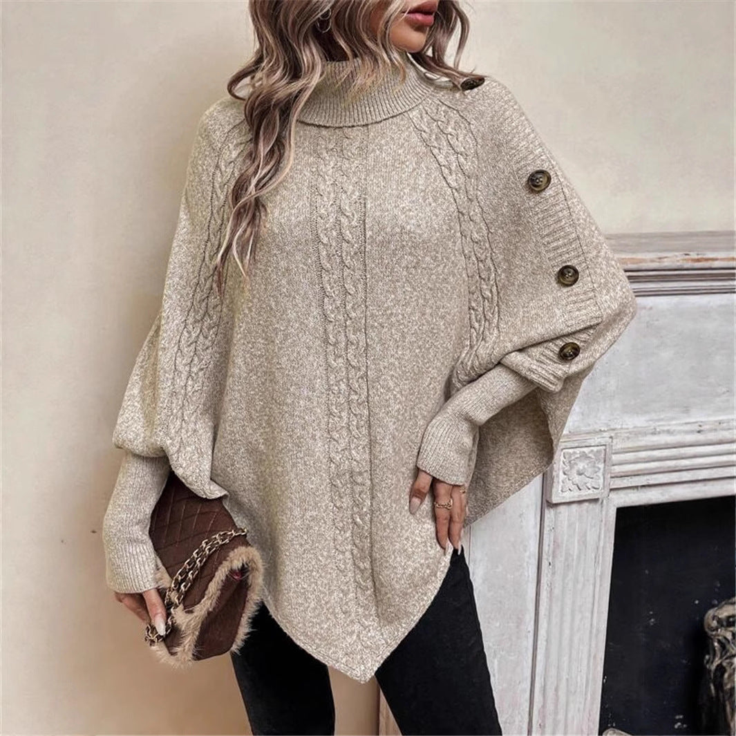 Women's Oversized Knit Sweater with Roll Neck and Button Details NOVAE