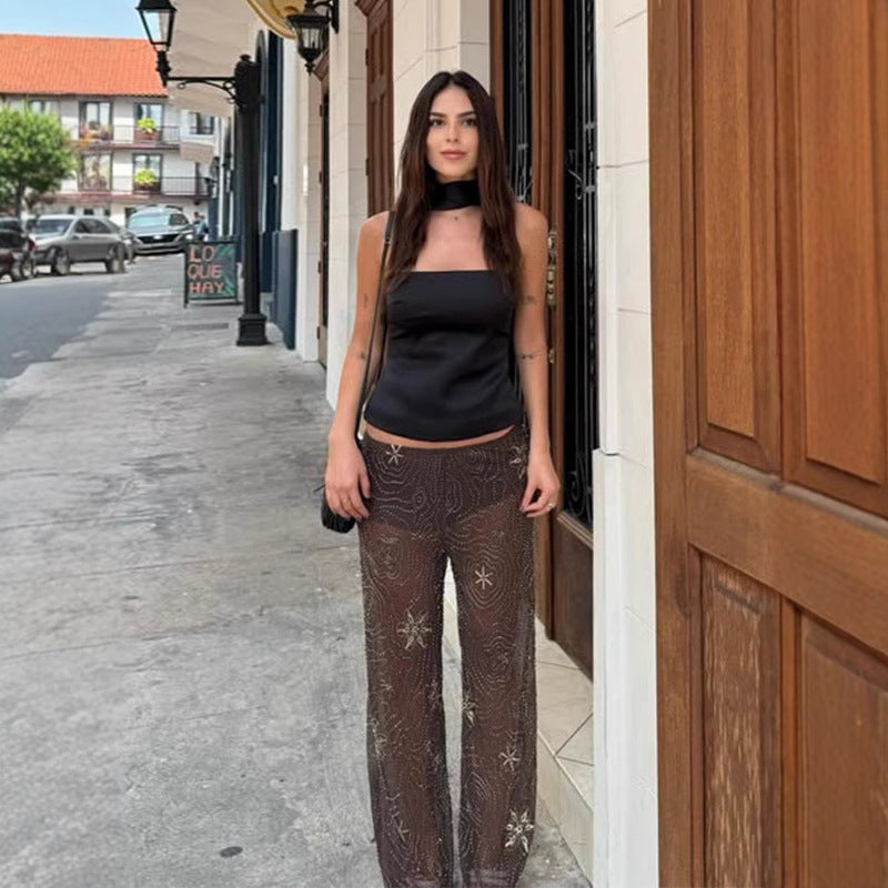 Women's elegant sheer palazzo pants with sparkling appliqués NOVAE