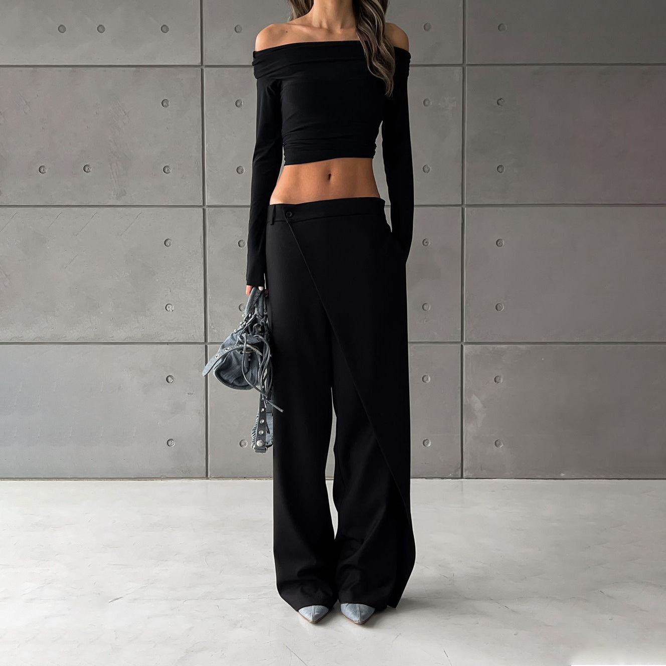 Women's elegant, high-waisted trousers with an asymmetrical cut NOVAE