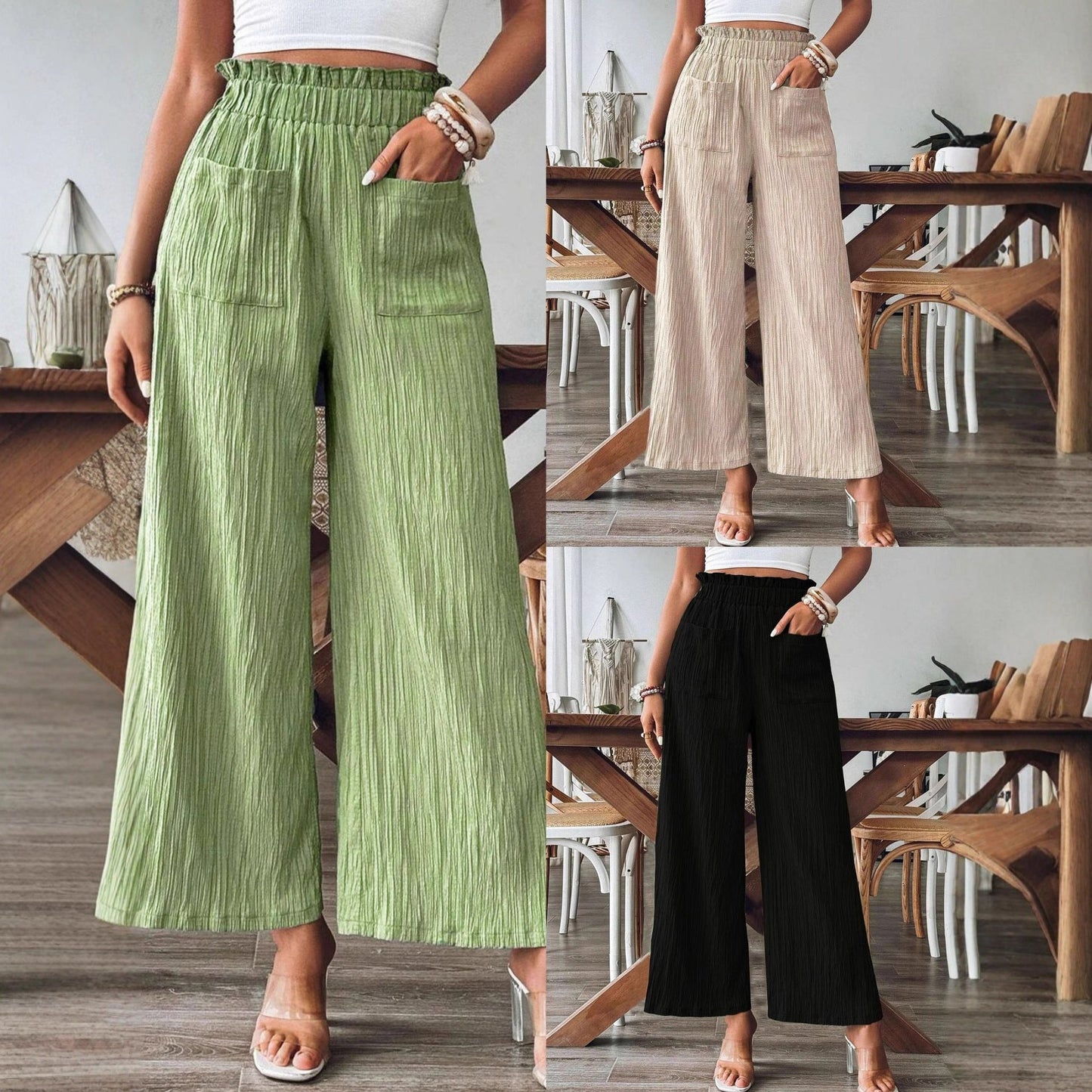 Women's wide-leg linen trousers with elasticated waistband and practical pockets NOVAE