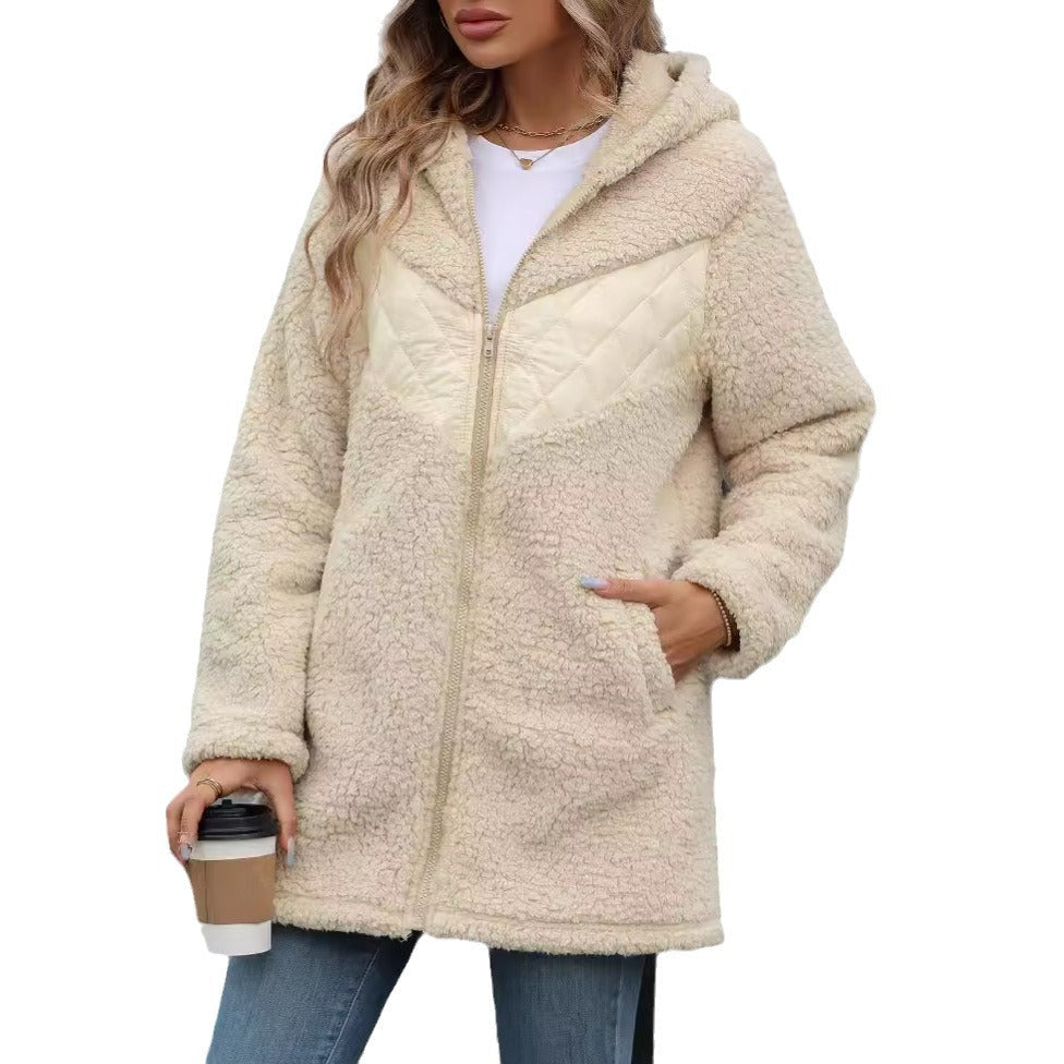 Women's plush hooded jacket with diamond quilting and side pockets NOVAE