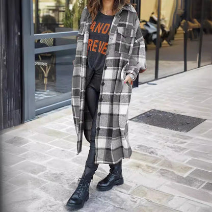 Women's Checkered Long Coat with Practical Pockets NOVAE