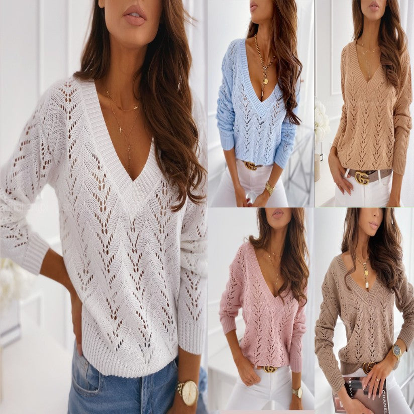 Women's knitted sweater with crochet pattern and V-neck NOVAE