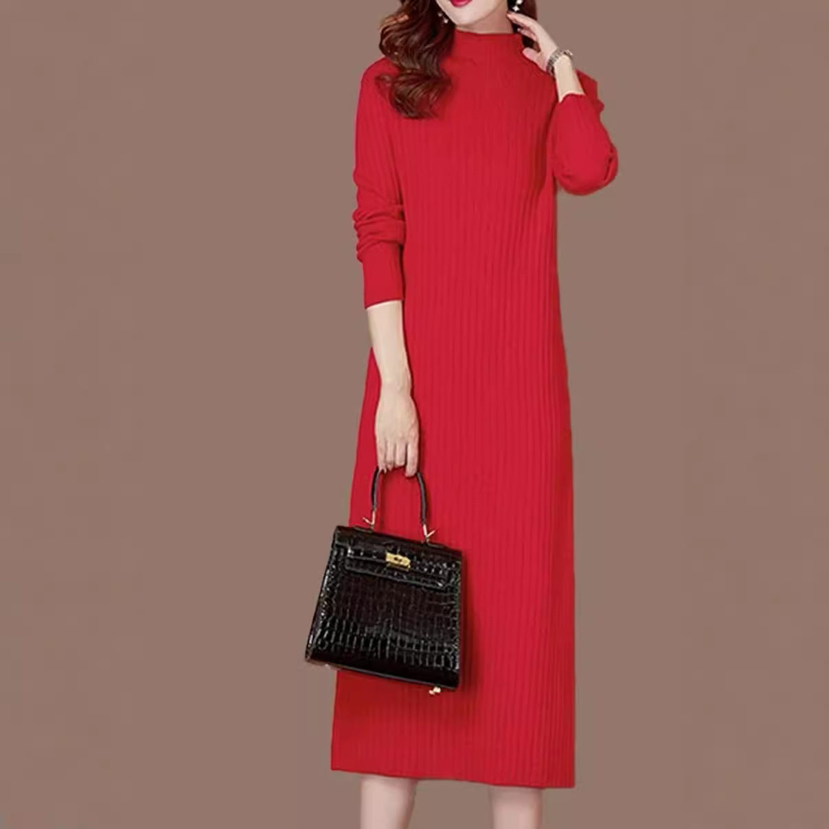 Women's knit dress with fine ribbing and high collar NOVAE