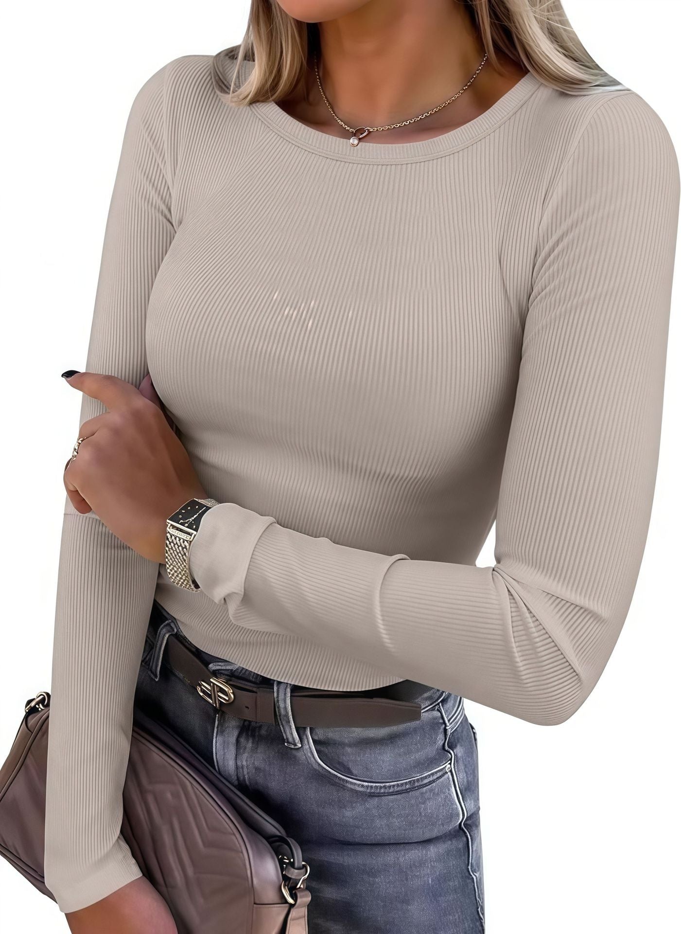 Women's long-sleeved shirt with structured rib design and subtle round neckline NOVAE