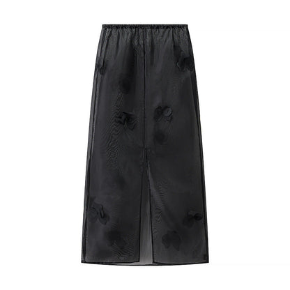 Women's long transparent blouse with floral design and side slit NOVAE