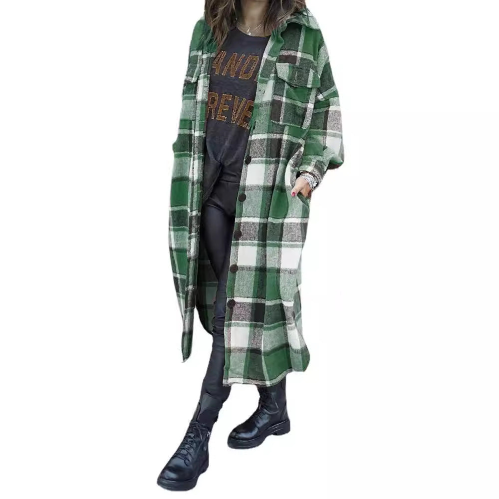Women's Checkered Long Coat with Practical Pockets NOVAE