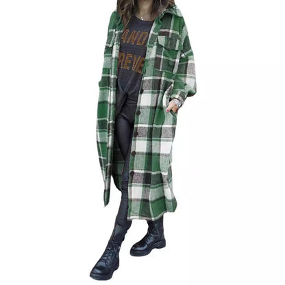 Women's Checkered Long Coat with Practical Pockets NOVAE