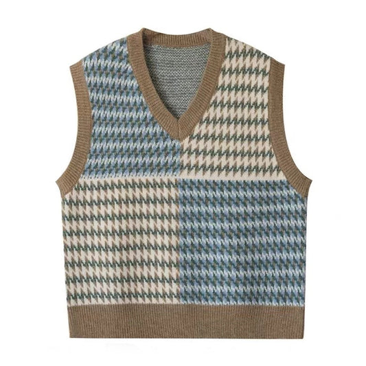 Women's Stylish V-Neck Knit Sweater in Color Block Design NOVAE