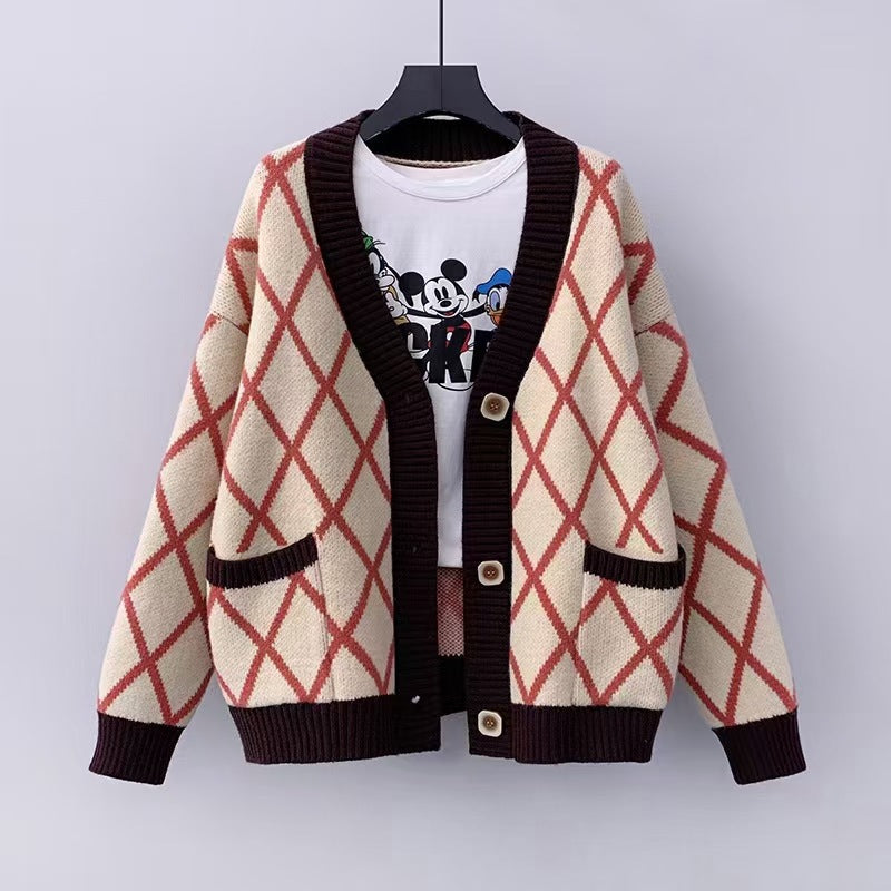 Women's chunky knit cardigan with check pattern NOVAE