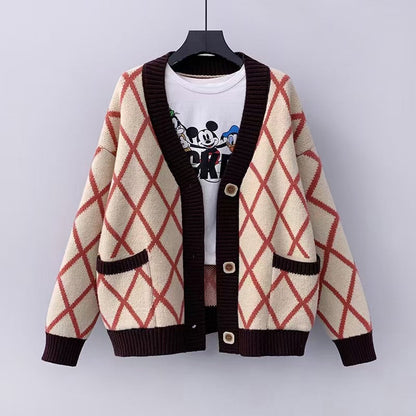 Women's chunky knit cardigan with check pattern NOVAE