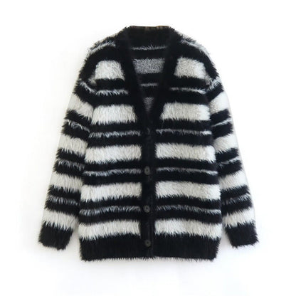 Women's cozy knit cardigan with a modern striped pattern and soft material NOVAE