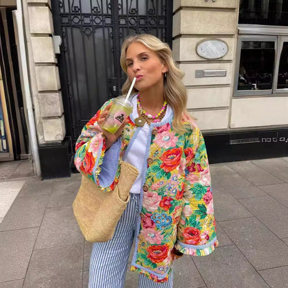 Women's throw jacket with colorful floral pattern and decorative buttons NOVAE