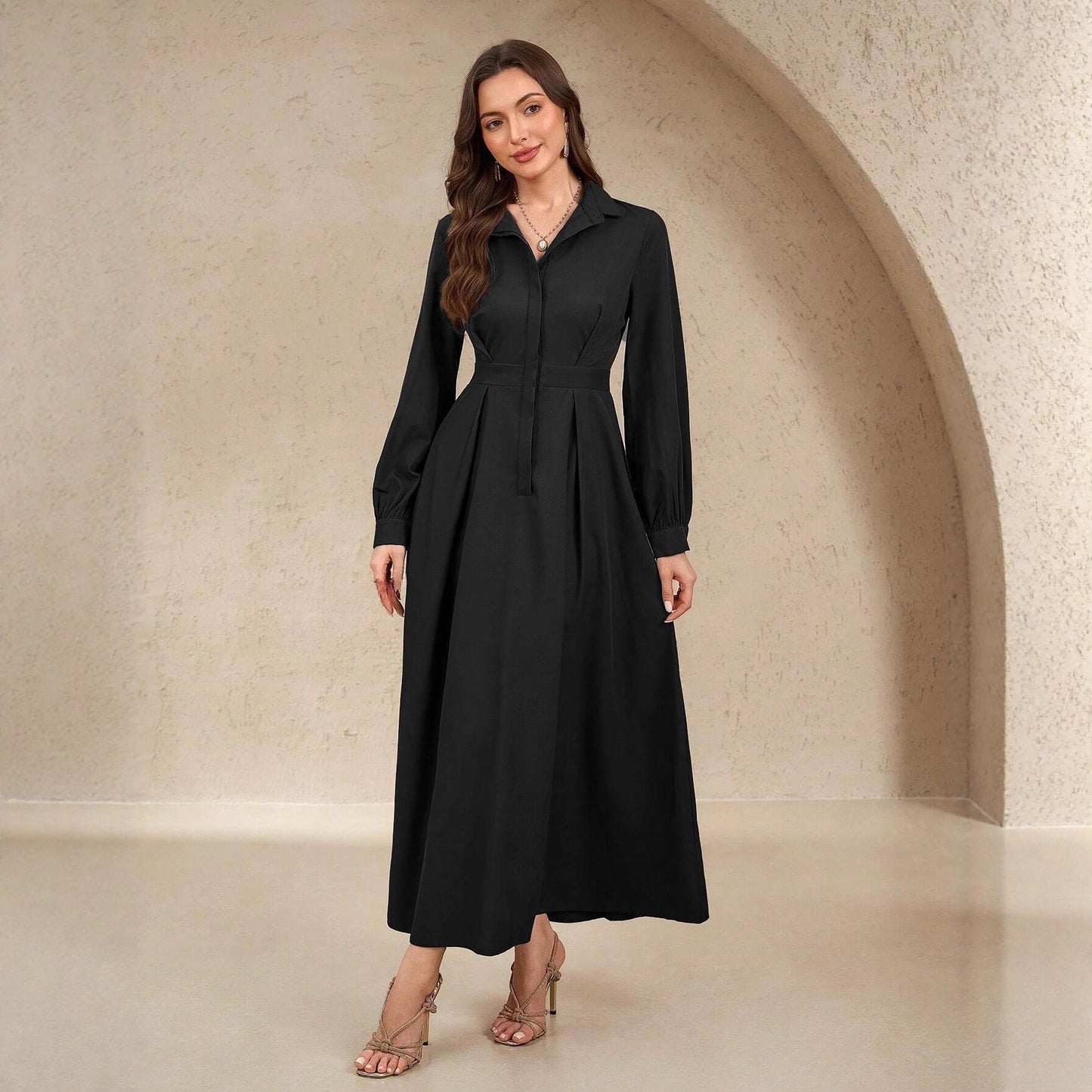 Women's Elegant Shirt Dress with Swinging Skirt and Practical Pockets NOVAE