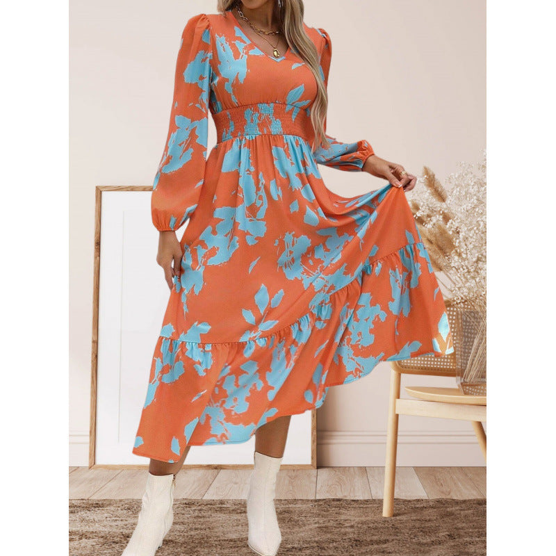 Women's long-sleeved maxi dress with floral patterns and voluminous sleeves NOVAE