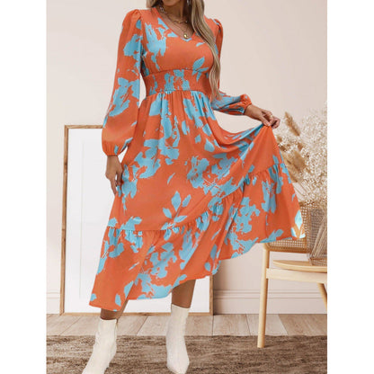 Women's long-sleeved maxi dress with floral patterns and voluminous sleeves NOVAE