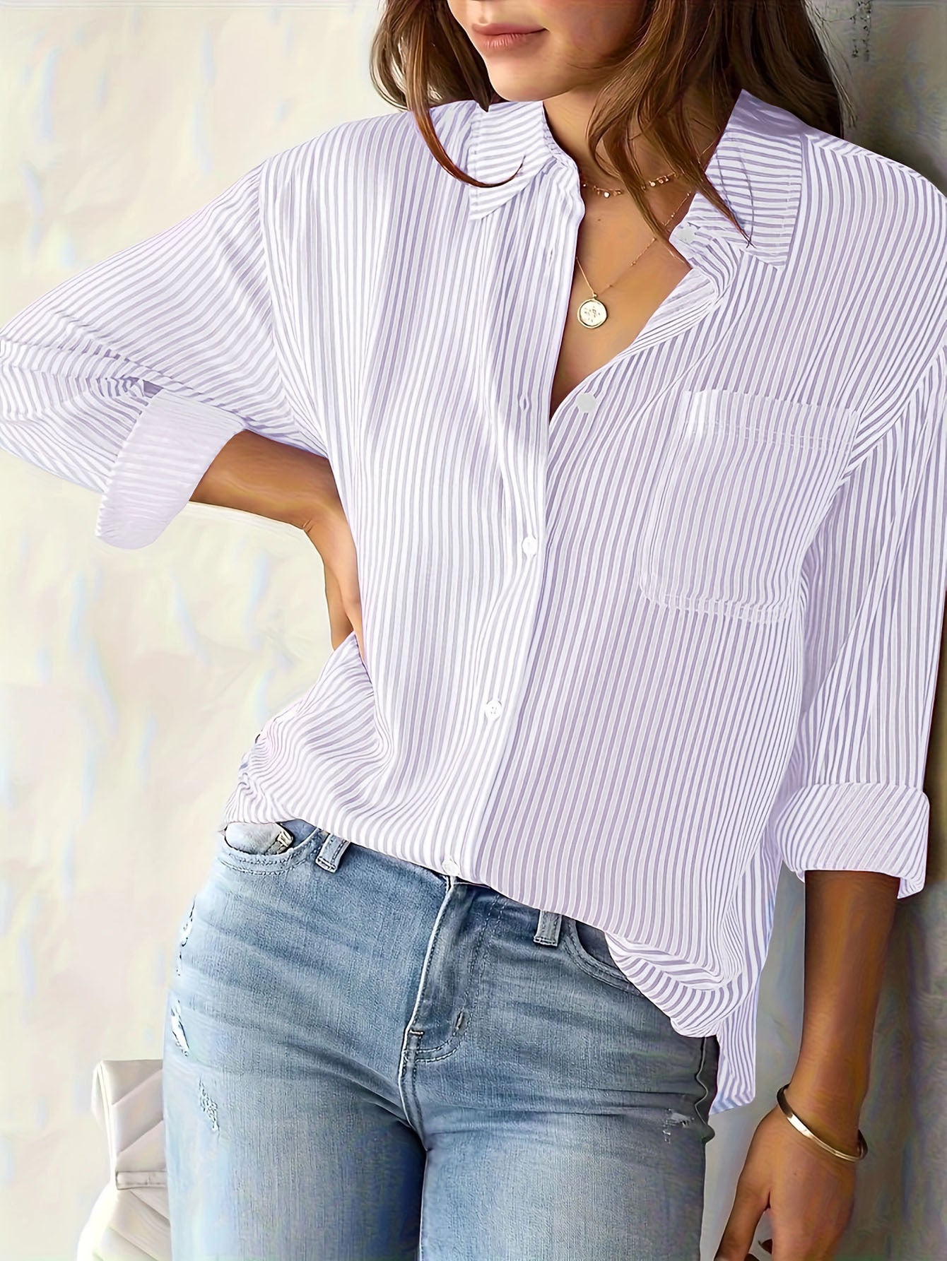 Women's long-sleeved blouse with fine stripes and chest pocket NOVAE
