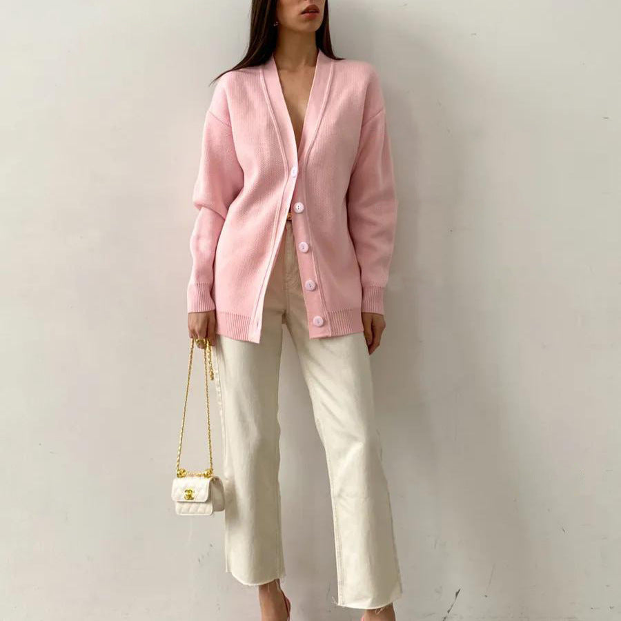 Women's cardigan with V-neck and fine rib texture NOVAE