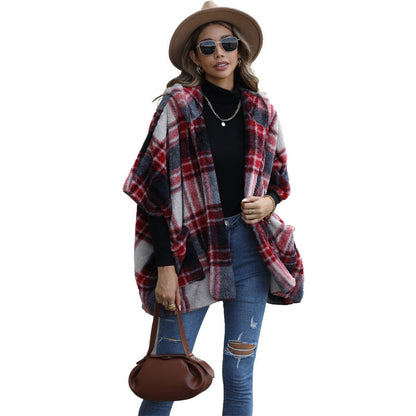 Women's plush plaid jacket with generous pockets and open design NOVAE