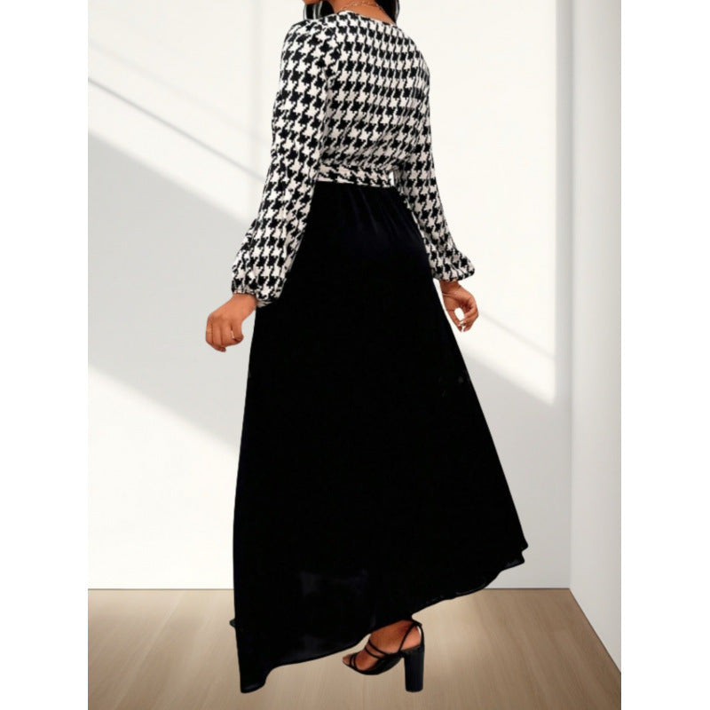 Women's maxi dress with crossover closure and elegant houndstooth pattern NOVAE