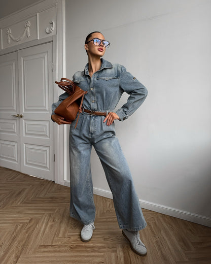 Women's denim jumpsuit with wide leg and fashionable collar NOVAE