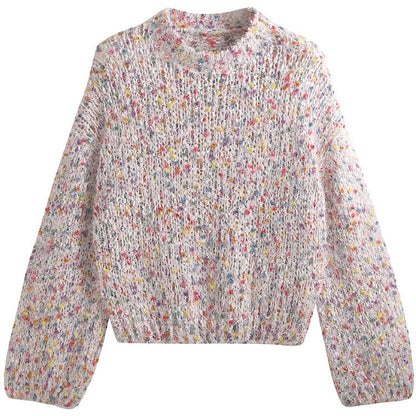 Women's fashionable sweater with colorful textured knit and round neckline NOVAE