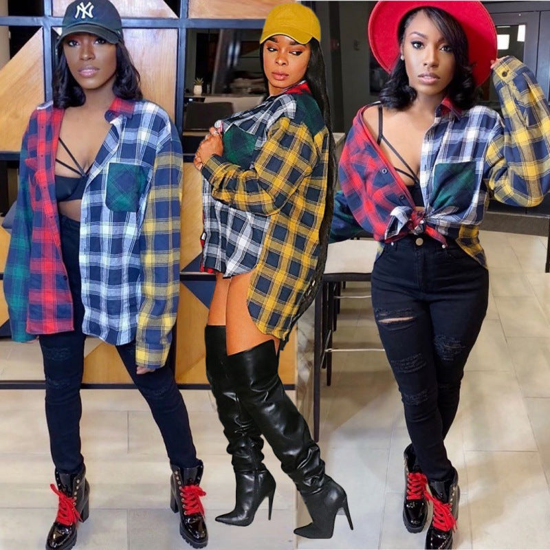 Women's oversized plaid blouse with a fashionable cut and casual look NOVAE