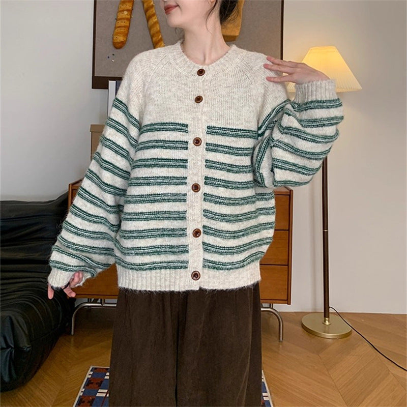 Women's chunky knit cardigan with modern stripes and button details NOVAE