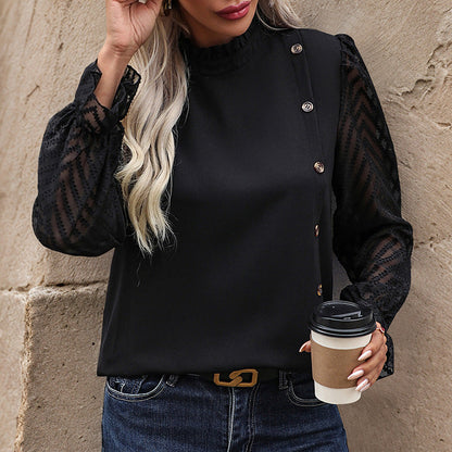 Women's fashionable blouse shirt with ruffle details and button trim NOVAE