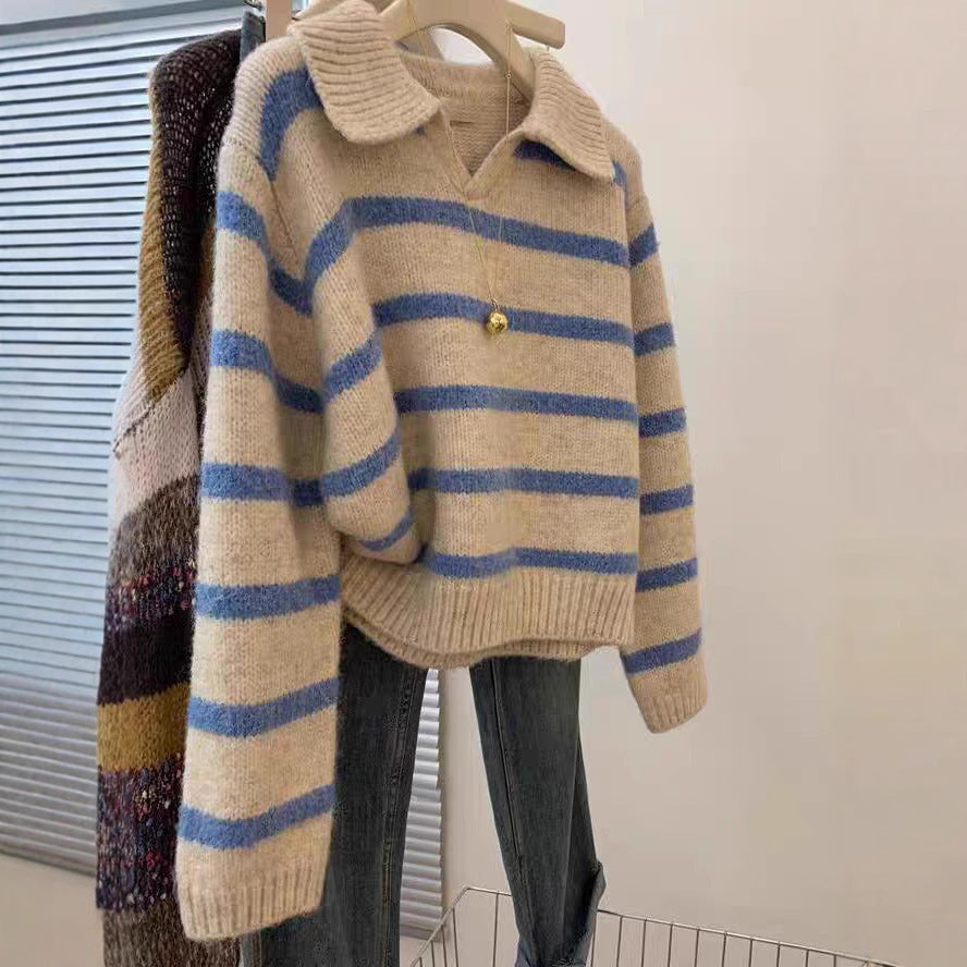 Women's V-neck knit sweater with textured stripe pattern NOVAE