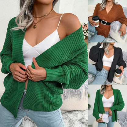 Women's chunky knit cardigan with wide sleeves and open V-neck NOVAE