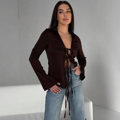 Women's elegant blouse with decorative lacing detail and wide sleeves NOVAE