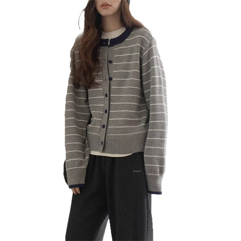 Women's cozy knit cardigan with a youthful striped pattern and practical button closure NOVAE