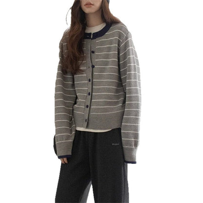 Women's cozy knit cardigan with a youthful striped pattern and practical button closure NOVAE