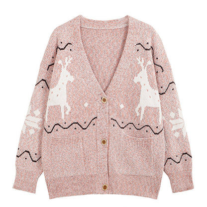 Women's Cozy Cardigan with Reindeer Motif and Pockets NOVAE