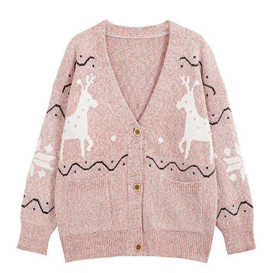 Women's Cozy Cardigan with Reindeer Motif and Pockets NOVAE