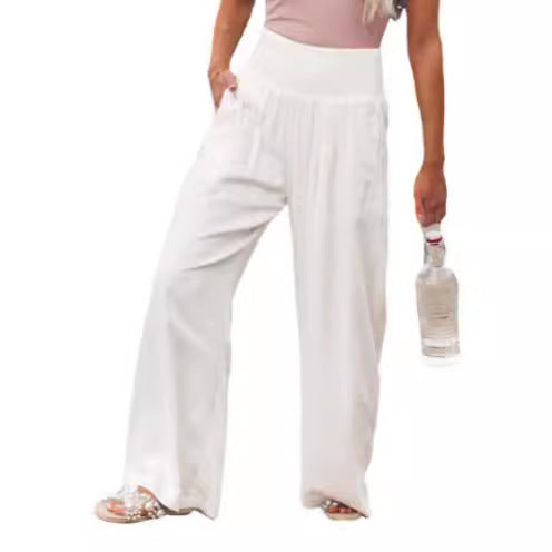 Women's airy linen trousers with elasticated waistband and wide cut NOVAE