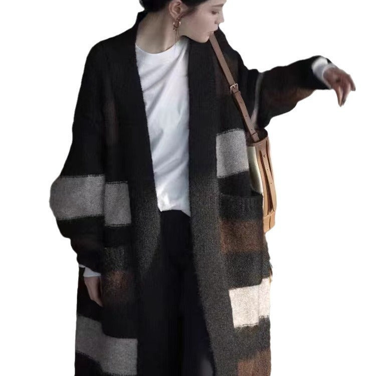 Women's long knit cardigan with geometric pattern NOVAE