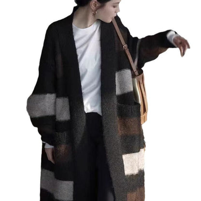 Women's long knit cardigan with geometric pattern NOVAE