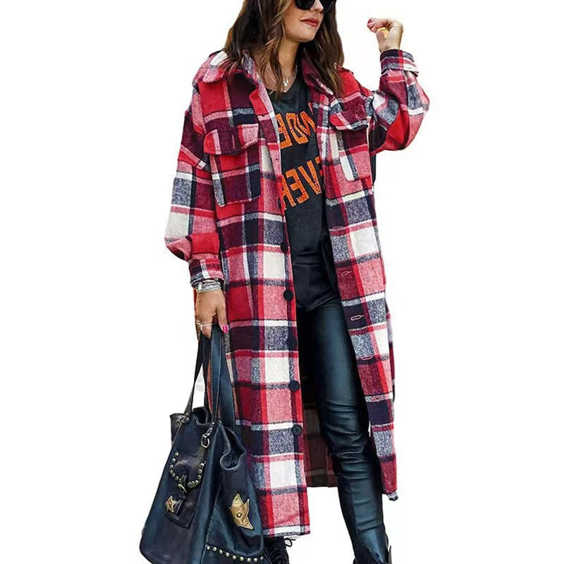 Women's Checkered Long Coat with Practical Pockets NOVAE