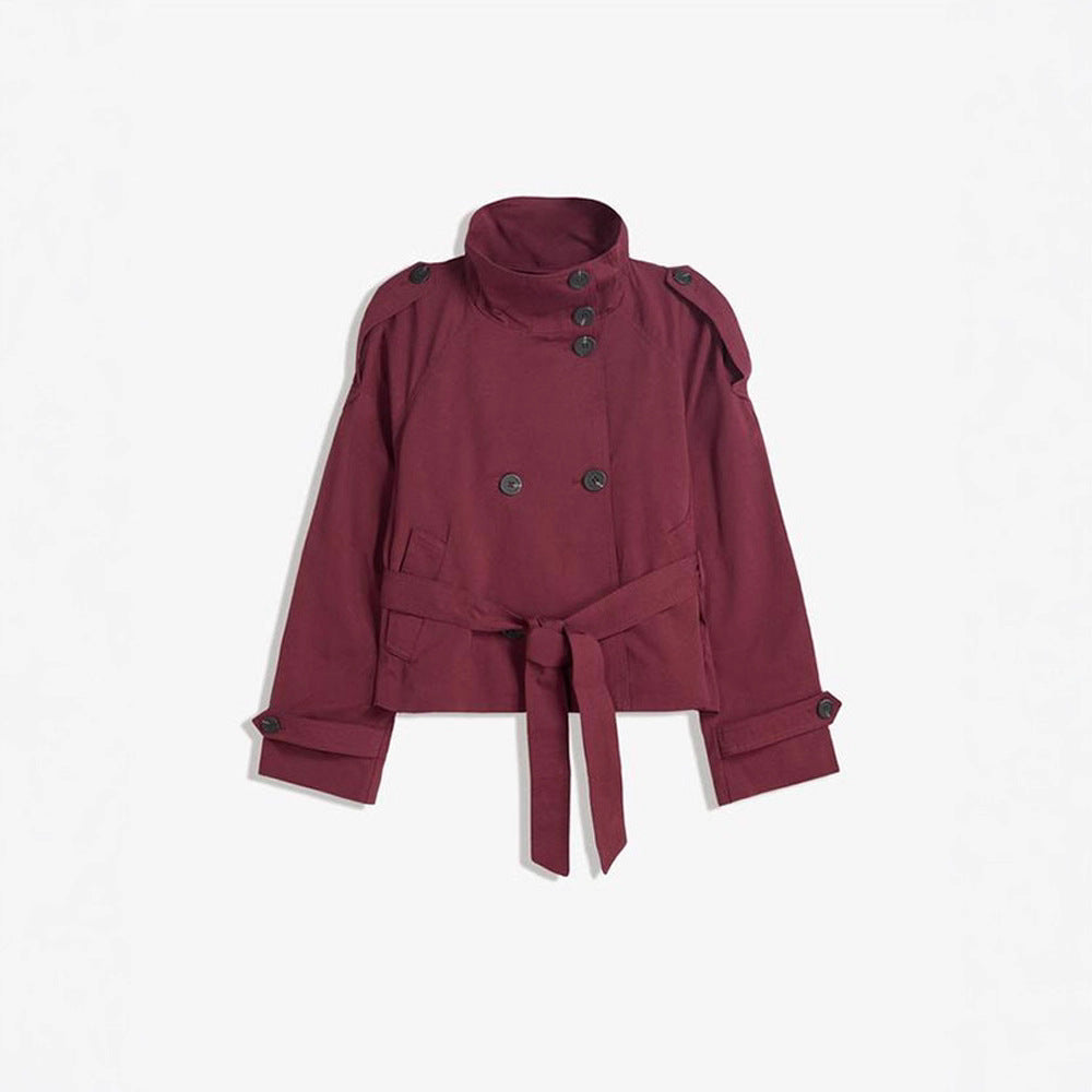 Women's fashionable trench jacket with waist belt and stand-up collar NOVAE